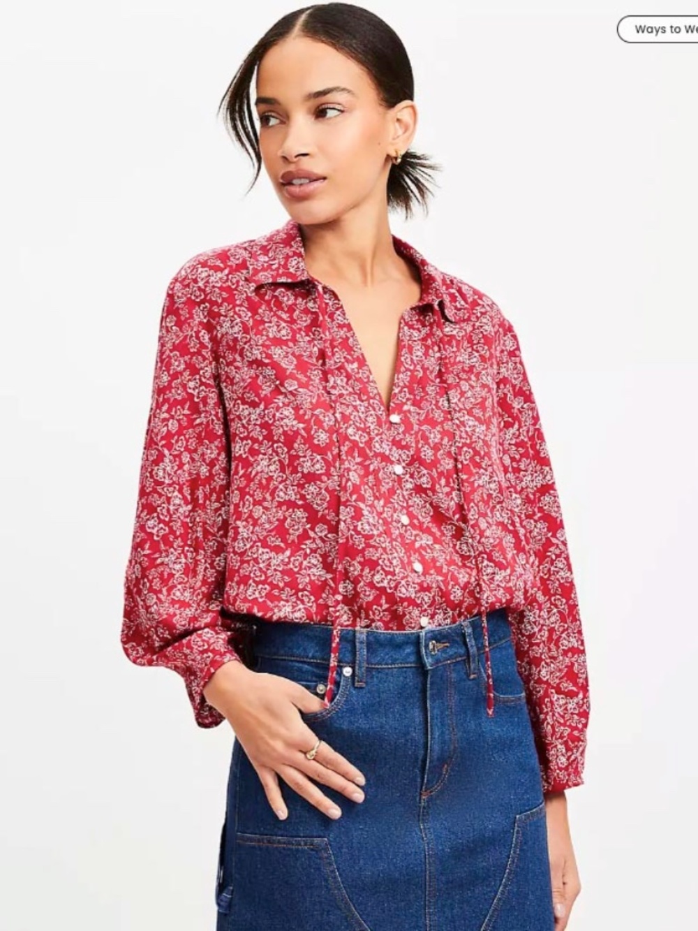 LOFT Red Floral Tie-Neck Button-Down Blouse - Sz L - Excellent Condition